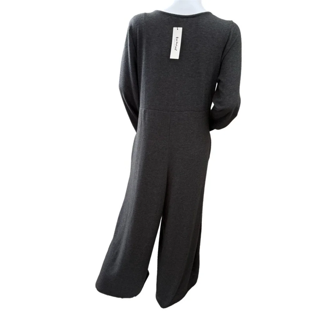 Three Bird Nest Charcoal Gray Wide-Leg Jumpsuit with Yellow Trim - Picture 3 of 11